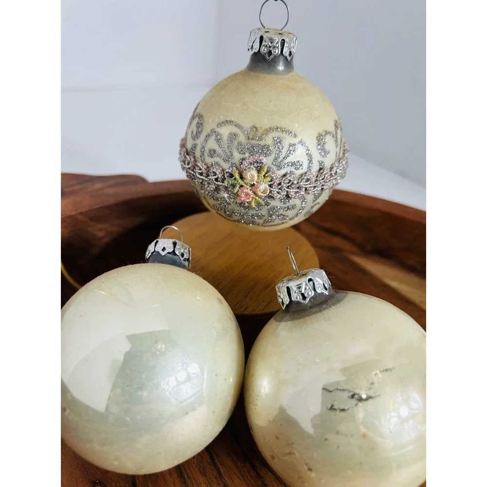 Vintage Krebs Victorian Glass Christmas Ornament Set Stunning Pearl Ivory Silver